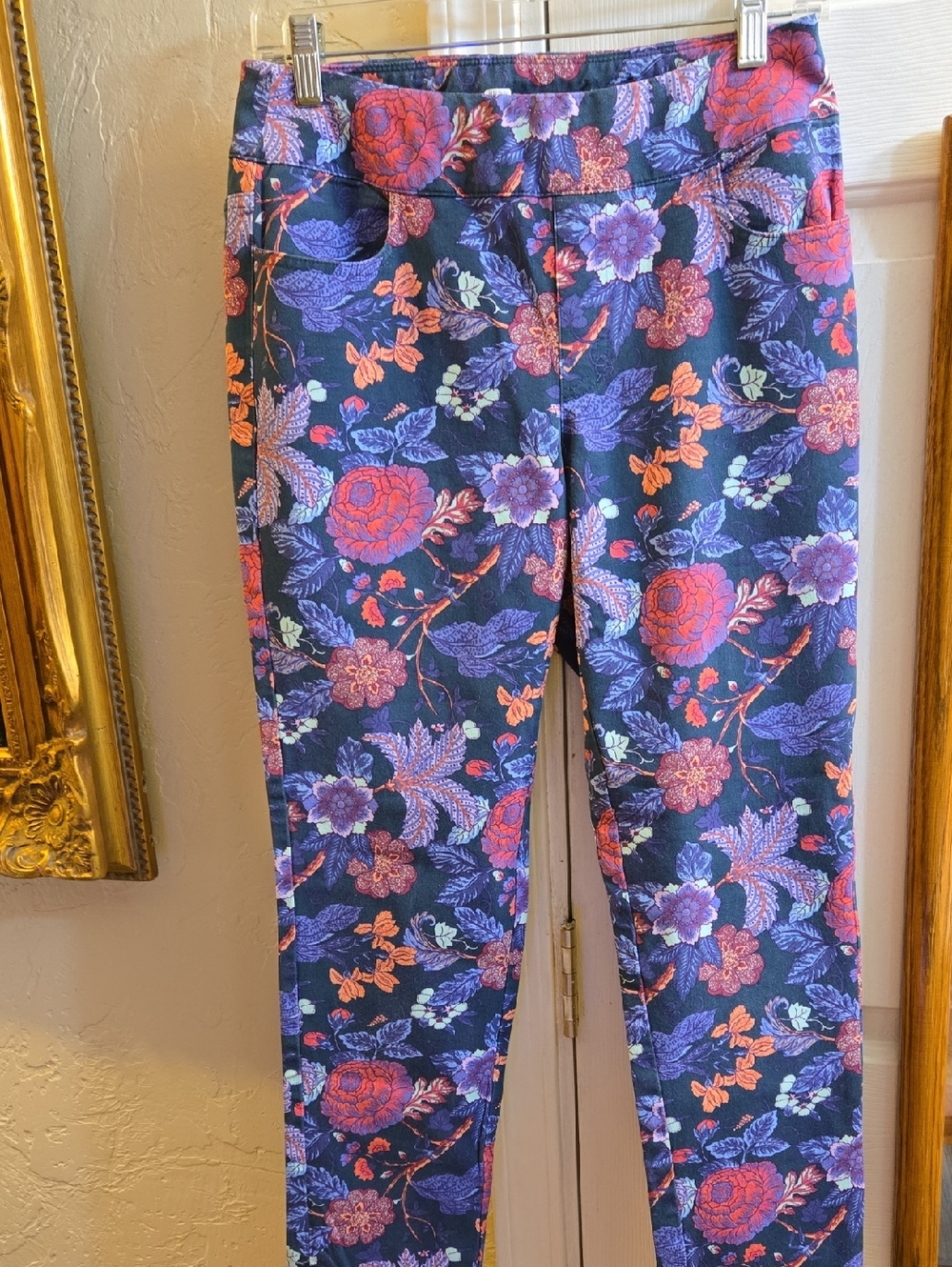 Soft Surroundings Navy Floral Jeggings with Red, Purple and Orange Blooms